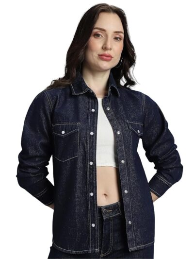 Women's 100% Cotton Jacket - Dual Flap Pocket | Jackets for Women | Full Sleeve with Buttoned Cuffs(Retro Blue)