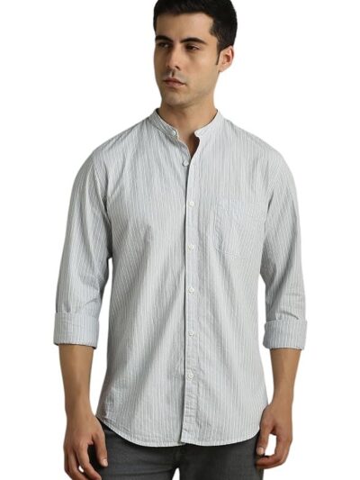 Classic Striped Cotton Mandarin Collar Shirt for Men – Full Sleeves, Business Casual(Grey)
