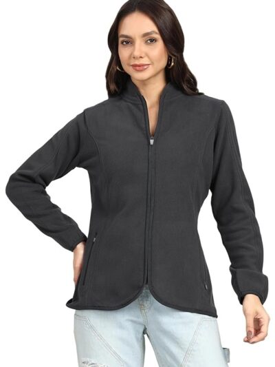 Women's Standing Collar Zipper Fleece Standard Length Jacket(Dark Grey)