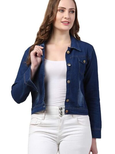 Women Denim Standard Length Full Sleeve Solid Jacket(Dark Blue )