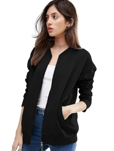 Women's Standard Length Casual Jacket For Loose Fit Drop Shoulder Loop knit  Bomber Jacket With Zipper Closure And Side Pockets( Black)
