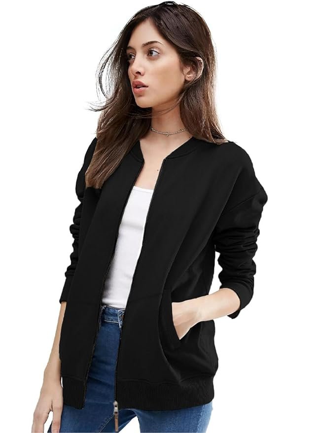 Women's Standard Length Casual Jacket For Loose Fit Drop Shoulder Loop knit  Bomber Jacket With Zipper Closure And Side Pockets( Black)