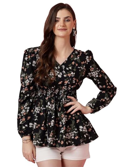 Sheetal Associates Women's Crepe Puff Sleeves Peplum Top with Floral Printed Regular Fit Full Sl