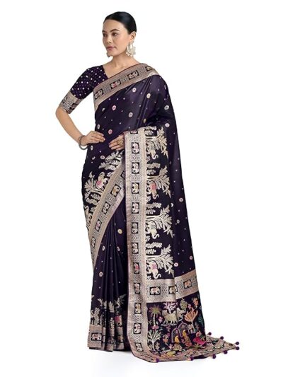 Monjolika Fashion Women's Gorgeous Banarasi Designer Satin Silk Rich Zari Woven Pallu & Unst