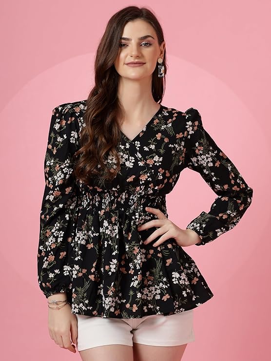 Sheetal Associates Women's Crepe Puff Sleeves Peplum Top with Floral Printed Regular Fit Full Sl - Image 2