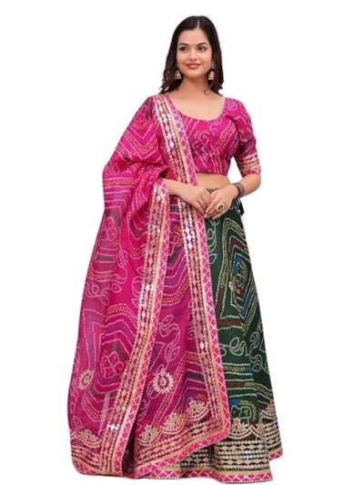 Bandhani Lehenga Choli Set, Pink and Green, Traditional Print with Gold Border
