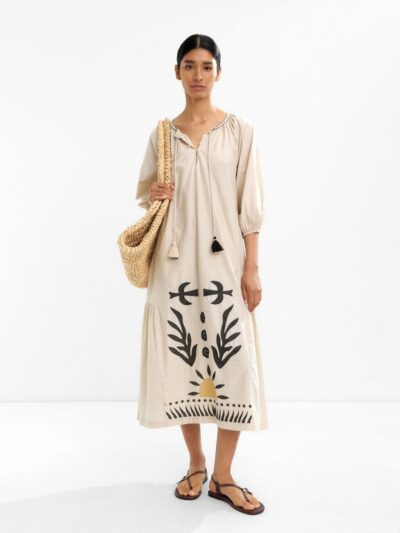 100% Cotton Embroidered Midi Dress – Ecru
