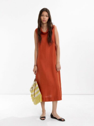 100% Linen Midi Dress – Brick Red