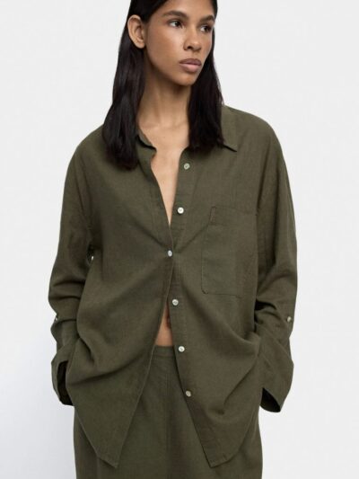 Khaki Linen-Blend Utility Shirt with Pocket Detail