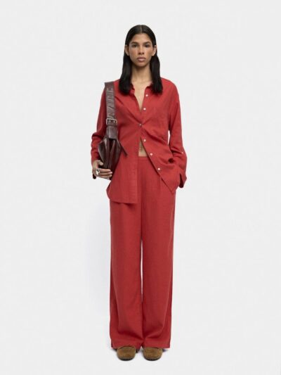 Brick Red Linen-Blend Shirt with Utility Pocket