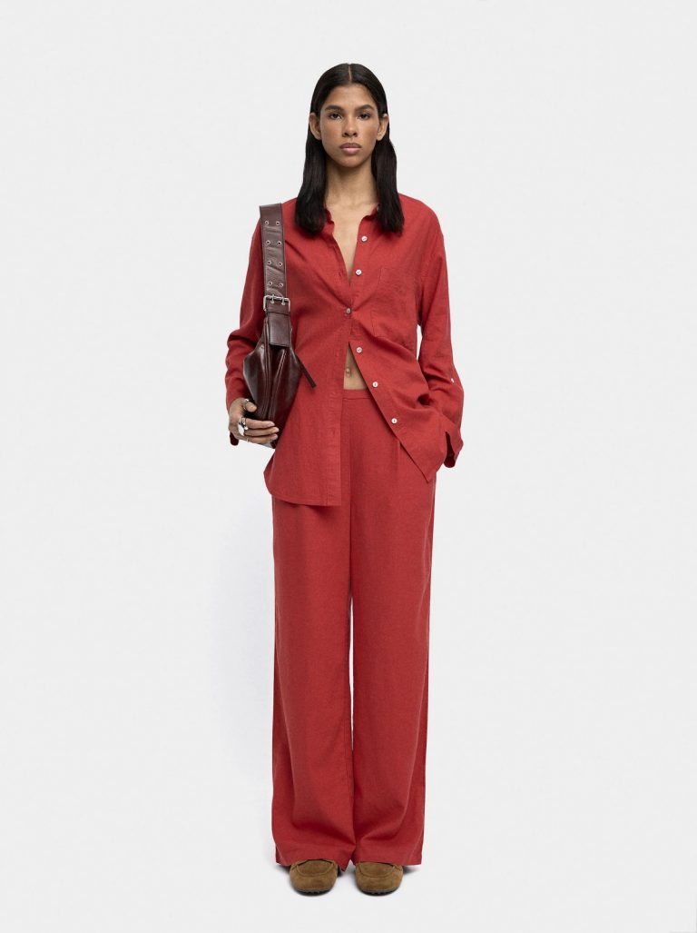 Brick Red Linen-Blend Shirt with Utility Pocket
