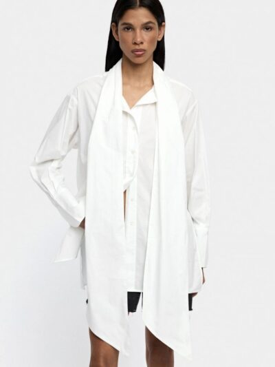 White Cotton Shirt with Integrated Scarf Detail