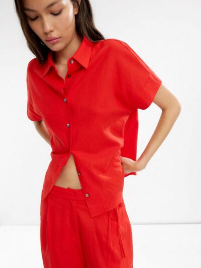 Red Linen-Blend Short-Sleeve Shirt
