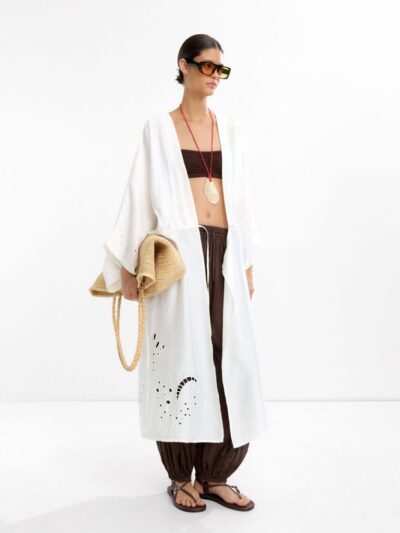 Long Kimono with Pierced Embroidery – White
