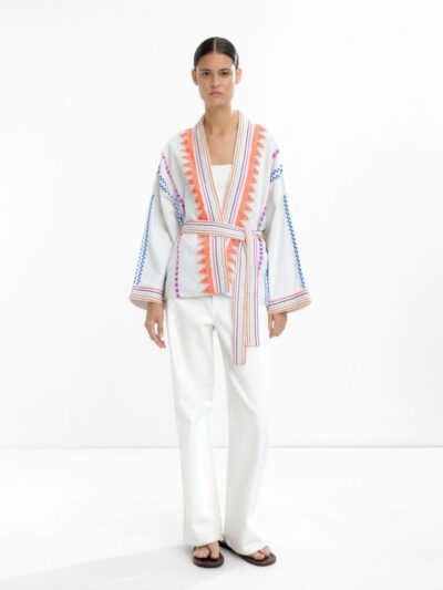 Artisan Embroidered Cotton Kimono with Multicolor Detail