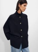 Structured High-Neck Knit Poncho in Deep Navy