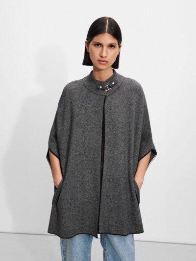 Elevated High-Neck Knit Poncho in Soft Gray