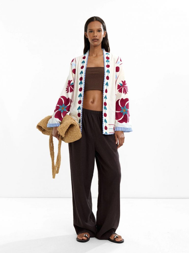 Floral Embroidered Cotton Kimono with Artisan Finish