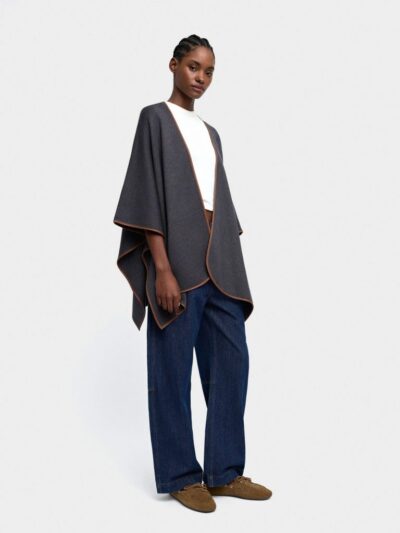 Knitted Poncho with Stitching Detail – Grey