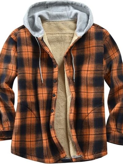 Men's Cotton Plaid Shirts Jacket Fleece Lined Flannel Shirts Sherpa Button Down Jackets with Hood