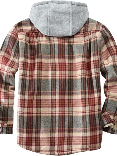 Men's Cotton Plaid Shirts Jacket Fleece Lined Flannel Shirts Sherpa Button Men