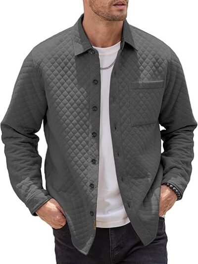 Mens Shacket Long Sleeve Jacket with Pockets Lightweight Quilted