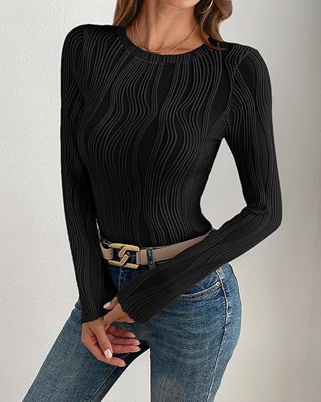 Women's Tops 2025 Cute Long Sleeve Crewneck Blouses Plain Slim Fit Fall Shirts