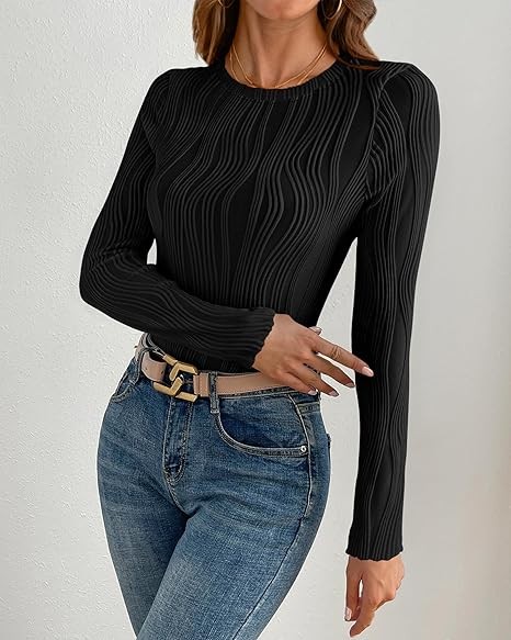 Women's Tops 2025 Cute Long Sleeve Crewneck Blouses Plain Slim Fit Fall Shirts - Image 2