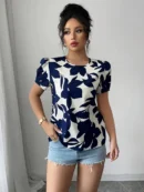 Women's Navy Blue Floral Print Short Sleeve Shirt - Lightweight Summer Casual Button-Up Blouse with Round Neck, Breathable