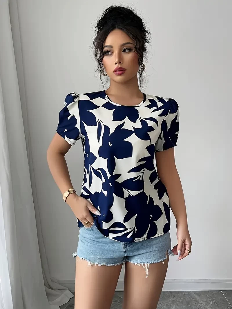 Women's Navy Blue Floral Print Short Sleeve Shirt - Lightweight Summer Casual Button-Up Blouse with Round Neck, Breathable